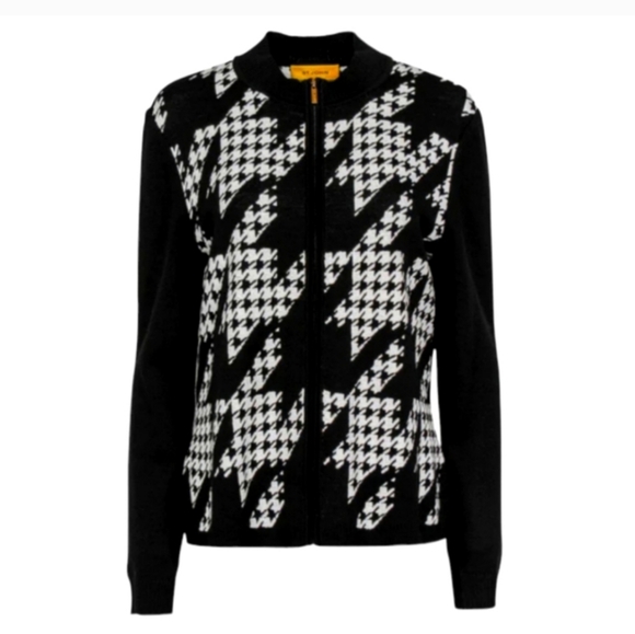 🍒RARE🍒 St. John Black & White Houndstooth Print Zip-Up Knit Jacket